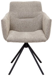 Moderne fauteuil met beige stoffen bekleding en zwart metalen frame, vooraanzicht