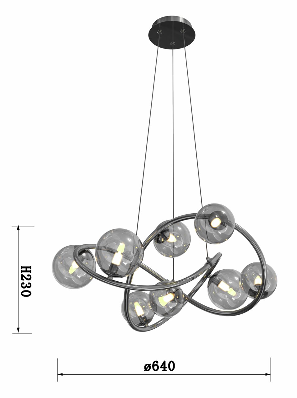 Moderne Pendelleuchte mit mehreren Glaskugeln und Metallrahmen, seitliche Perspektive