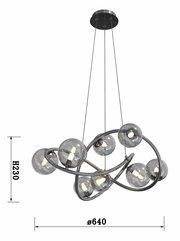 Moderne Pendelleuchte mit mehreren Glaskugeln und Metallrahmen, seitliche Perspektive