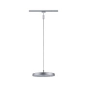 Moderne, minimalistische Pendelleuchte in Silber, von der Seite betrachtet, mit schlankem, rundem Design und einem schmalen Kabel.