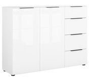 Weißes Sideboard mit zwei Türen und vier Schubladen, frontale Perspektive