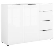 Weißes Sideboard mit zwei Türen und vier Schubladen, frontale Perspektive