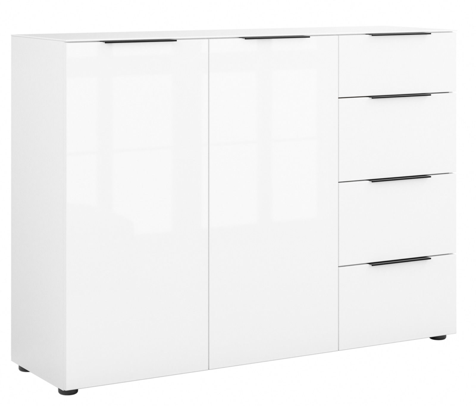 Weißes Sideboard mit zwei Türen und vier Schubladen, frontale Perspektive