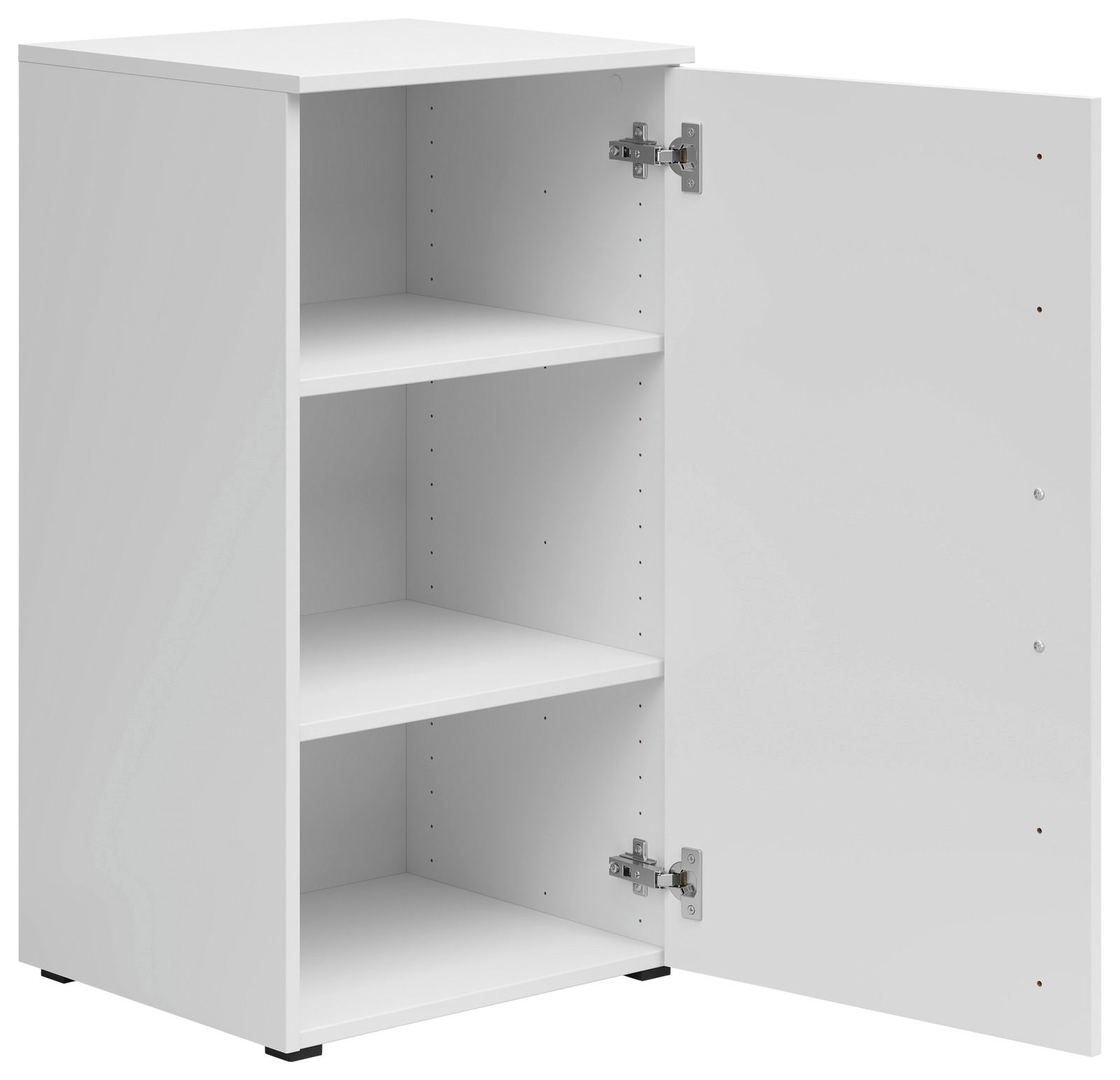 Weiße Kommode mit geöffneter Tür, zeigt drei Regalfächer, Perspektive von vorne rechts