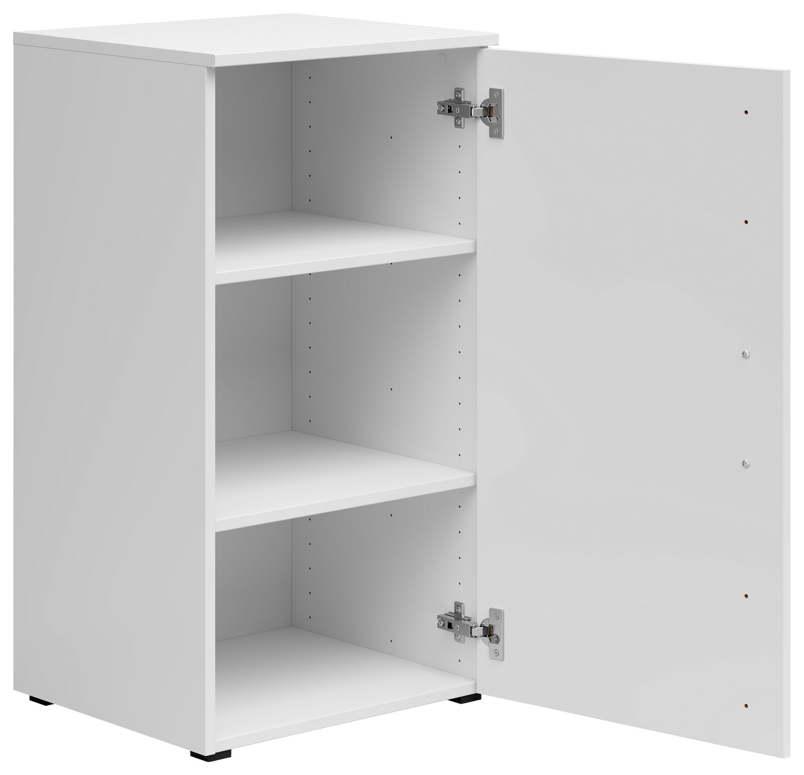 Weiße Kommode mit geöffneter Tür, zeigt drei Regalfächer, Perspektive von vorne rechts