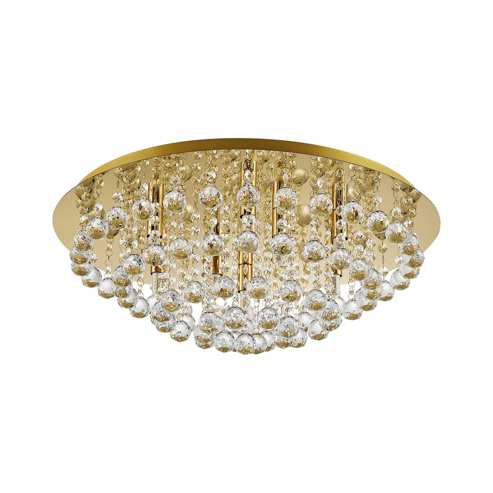 Luxuriöse Deckenleuchte mit goldener Basis und hängenden Kristallkugeln, seitliche Perspektive