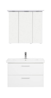 Frontale Ansicht einer weißen Badkombination mit Spiegelschrank und Waschbeckenunterschrank, beide mit klaren Linien und modernen Griffen.