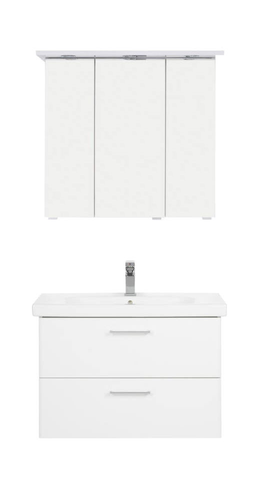 Frontale Ansicht einer weißen Badkombination mit Spiegelschrank und Waschbeckenunterschrank, beide mit klaren Linien und modernen Griffen.