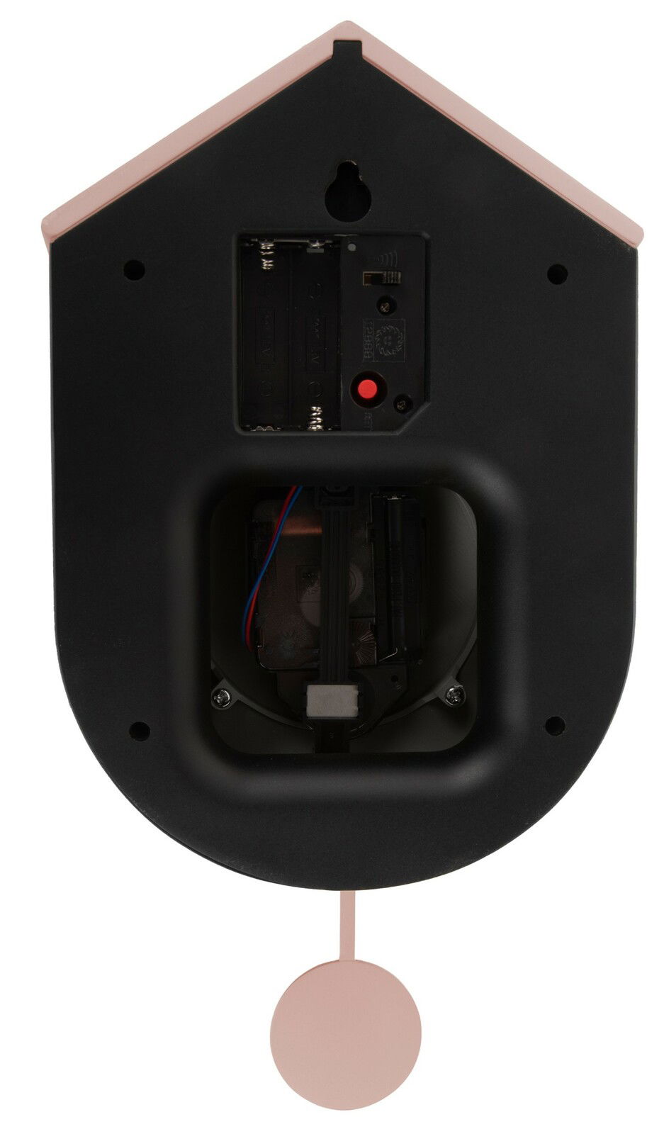 Rückansicht der Wanduhr Grato mit Batteriefach und Pendel, schwarze und rosafarbene Elemente.