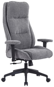 Grauer Homeoffice-Drehstuhl mit hoher Rückenlehne und Armlehnen, seitliche Perspektive