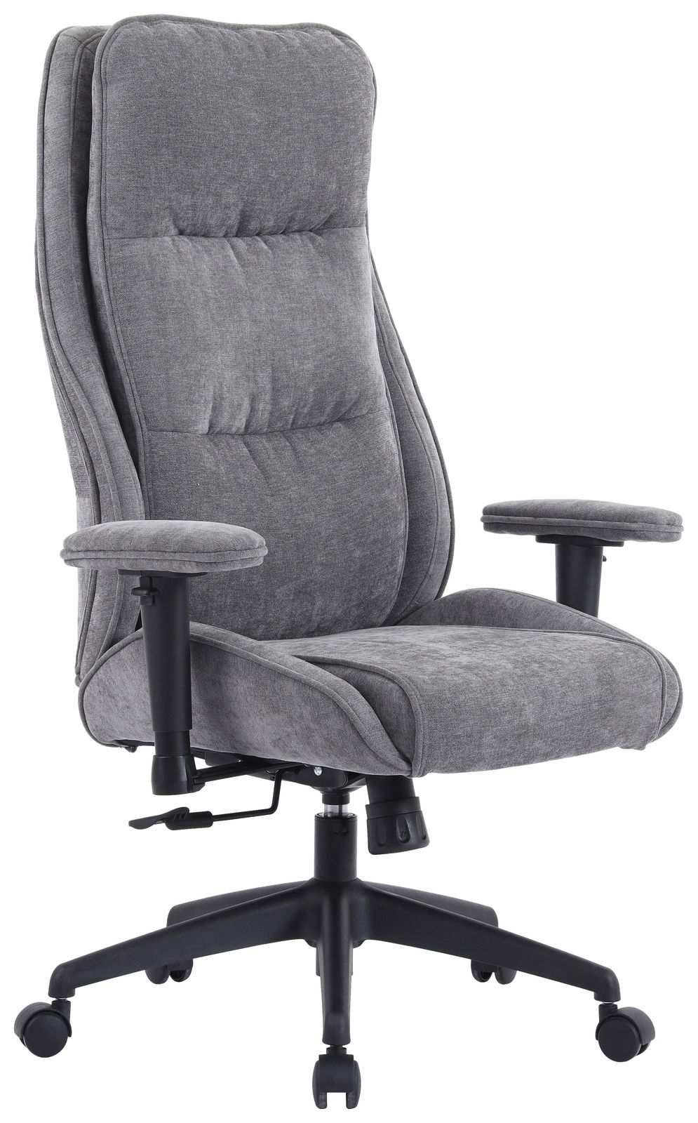 Grauer Homeoffice-Drehstuhl mit hoher Rückenlehne und Armlehnen, seitliche Perspektive