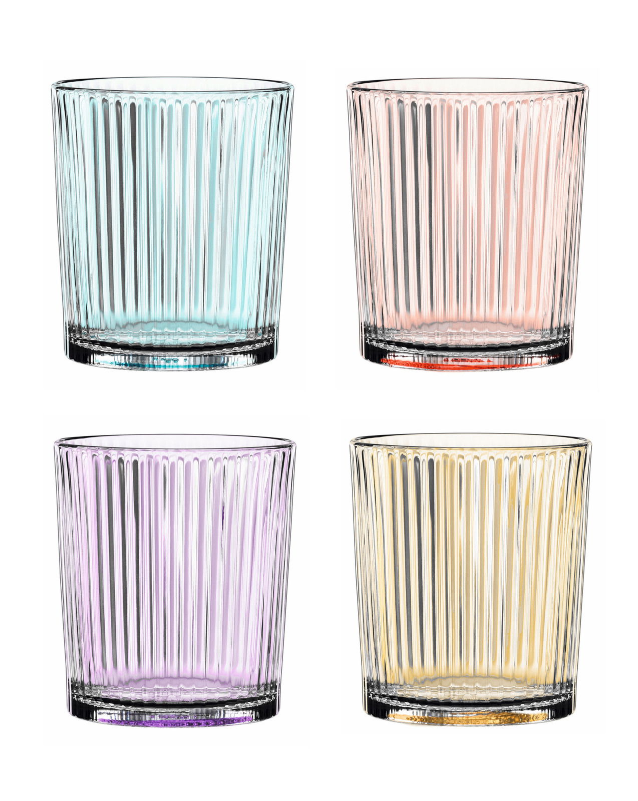 Nachtmann Becherset 4-tlg. APERITIVO Vier bunte Becher aus geriffeltem Glas in Pastellfarben, von vorne betrachtet.