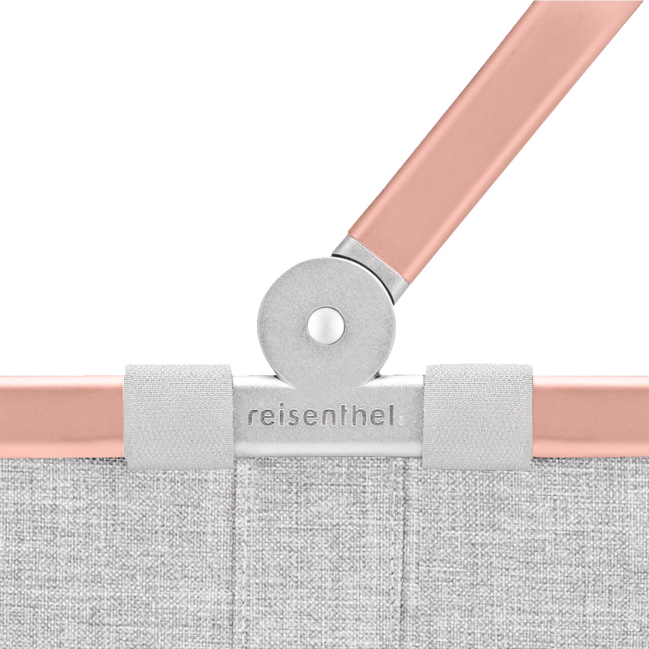 Close-up van het scharnier en het handvat van een carrybag XS van reisenthel in roze en grijs.