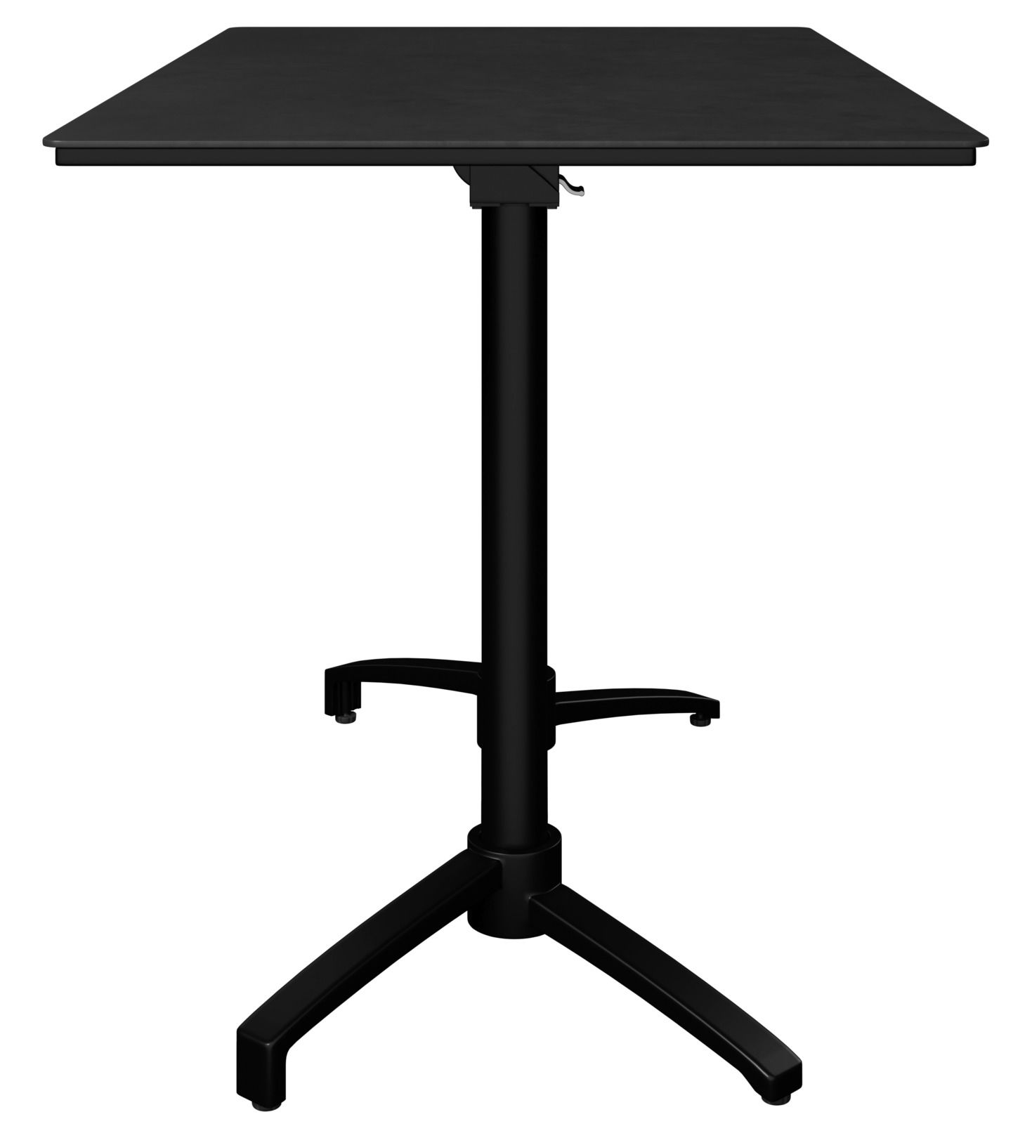 Schwarzer Bistrotisch mit quadratischer Tischplatte und zentralem Standfuß, frontal betrachtet.