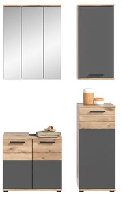Badezimmermöbel-Set in Holzoptik und Grau, bestehend aus einem Spiegelschrank, einem Hängeschrank, einem Waschbeckenunterschrank und einem Hochschrank, frontal abgebildet.