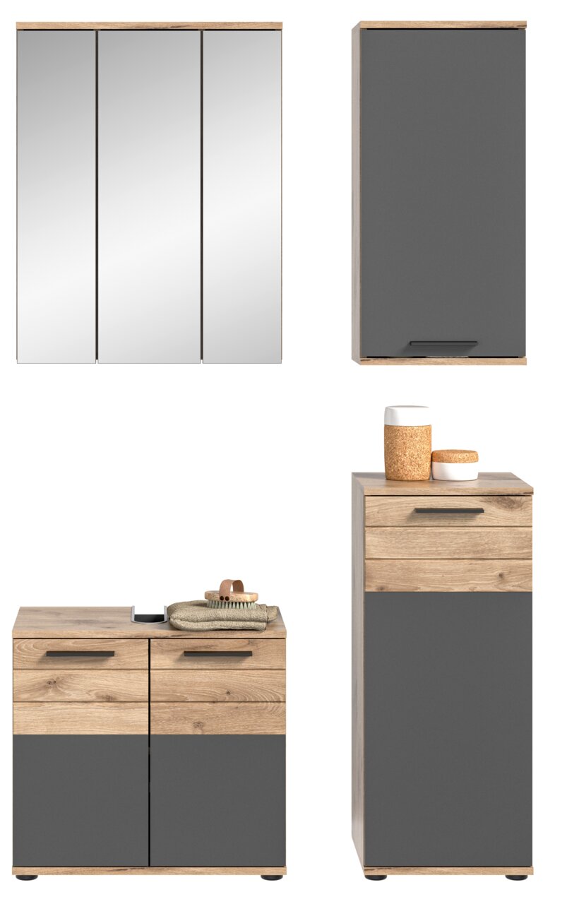 Badezimmermöbel-Set in Holzoptik und Grau, bestehend aus einem Spiegelschrank, einem Hängeschrank, einem Waschbeckenunterschrank und einem Hochschrank, frontal abgebildet.