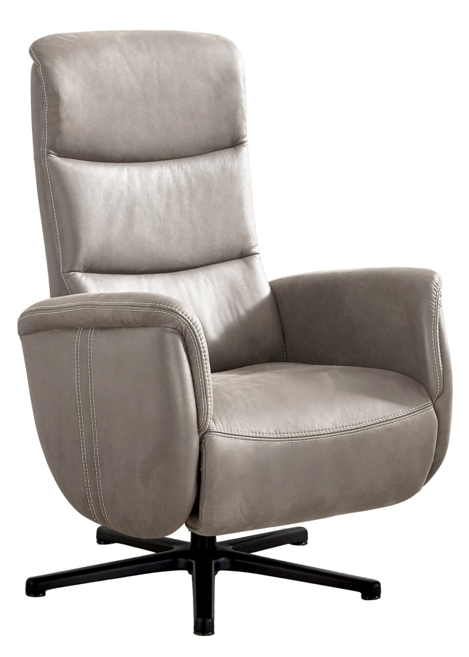 Grijze relaxfauteuil met hoge rugleuning en armleuningen, zijaanzicht