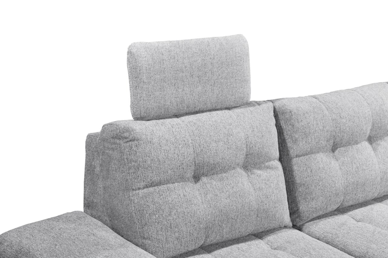 Graues Sofa mit verstellbarer Kopfstütze, Ansicht von vorne.