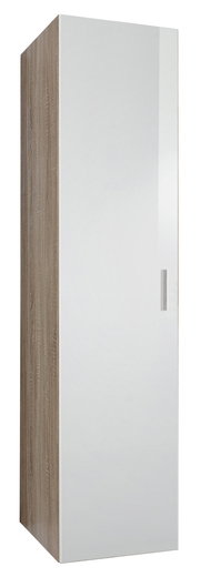 Mehrzweckschrank mit weißer Tür und Holzoptik an der Seite, Frontalansicht