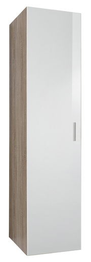 Mehrzweckschrank mit weißer Tür und Holzoptik an der Seite, Frontalansicht