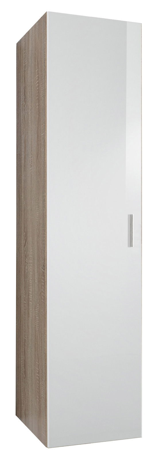 Mehrzweckschrank mit weißer Tür und Holzoptik an der Seite, Frontalansicht