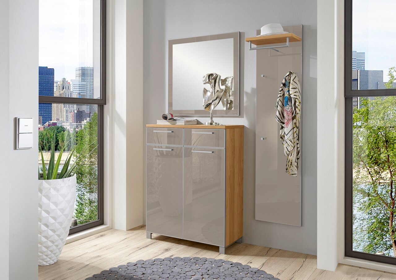 Garderoben-Set 3-tlg. in modernem Design mit Spiegel, Schrank und Wandpaneel, seitliche Perspektive