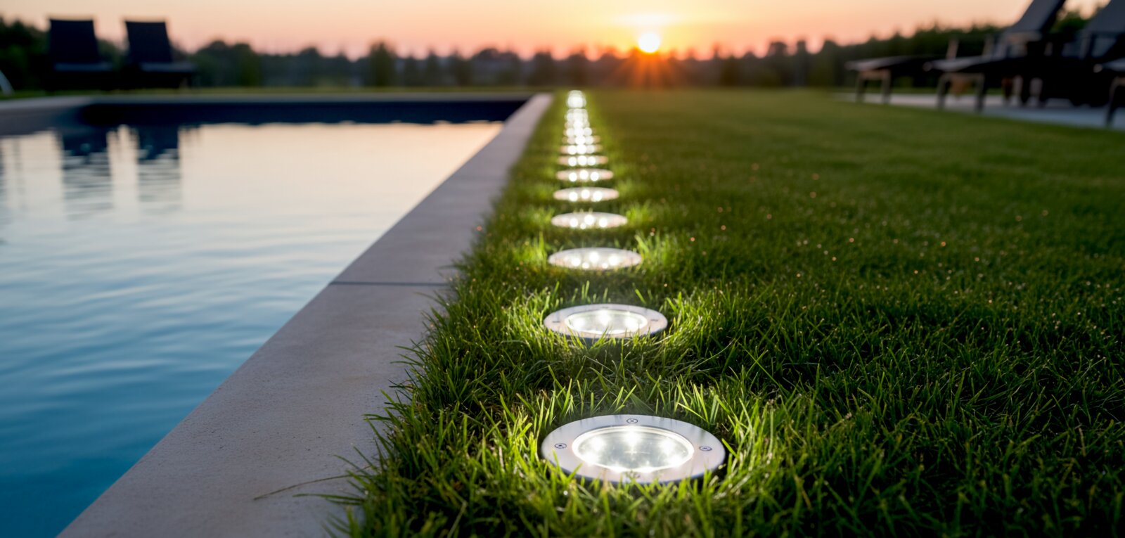 Reihe runder, bodenbündiger LED-Bodeneinbaustrahler im Rasen entlang eines Poolrandes bei Sonnenuntergang, aufgenommen aus niedriger Bodenperspektive mit Blick entlang der Lichtlinie