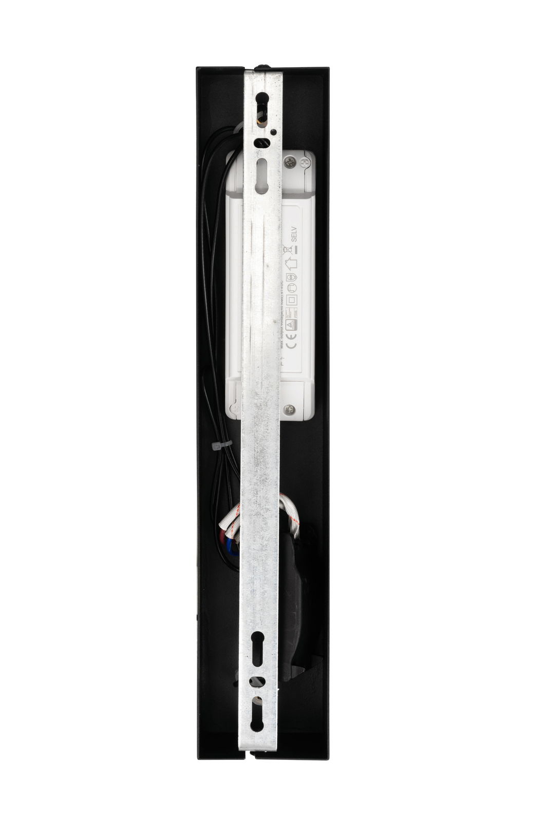 Rückansicht einer LED-Hängeleuchte mit sichtbaren Kabeln und Metallhalterung.