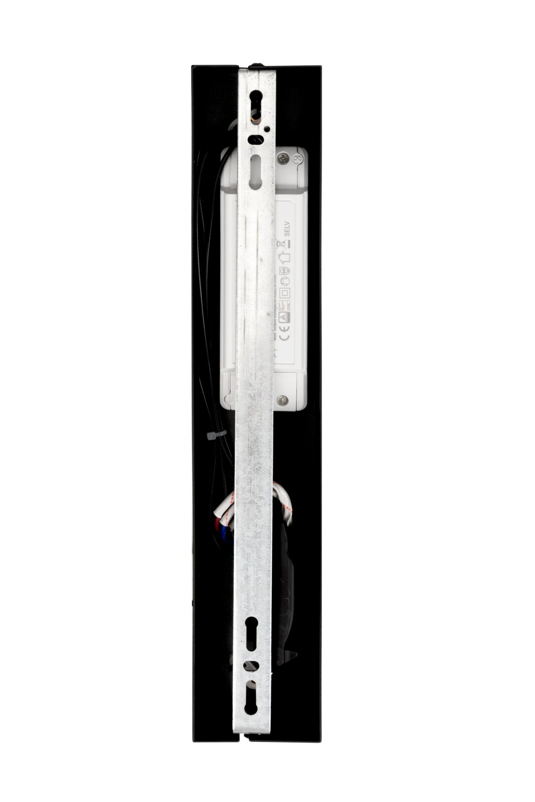 Achterkant van een LED-hanglamp met zichtbare kabels en metalen bevestiging.