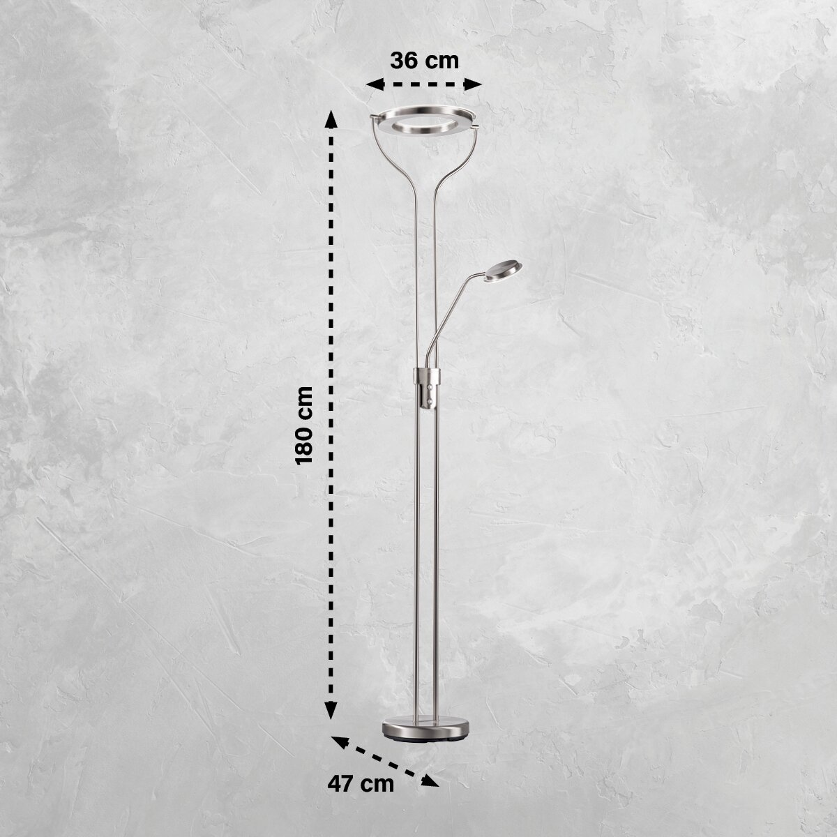 Stehleuchte Davos aus Metall in silberner Farbe, mit einer Höhe von 180 cm und einem Durchmesser von 36 cm, seitliche Perspektive.
