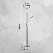 Stehleuchte Davos aus Metall in silberner Farbe, mit einer Höhe von 180 cm und einem Durchmesser von 36 cm, seitliche Perspektive.