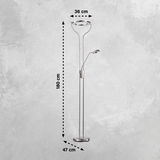 Stehleuchte Davos aus Metall in silberner Farbe, mit einer Höhe von 180 cm und einem Durchmesser von 36 cm, seitliche Perspektive.