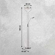 Stehleuchte Davos aus Metall in silberner Farbe, mit einer Höhe von 180 cm und einem Durchmesser von 36 cm, seitliche Perspektive.