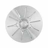 Ansicht von unten eines Topfbodens aus Edelstahl mit Fissler-Logo und Induktionssymbolen, geeignet für Induktionsherde, Durchmesser 24 cm.