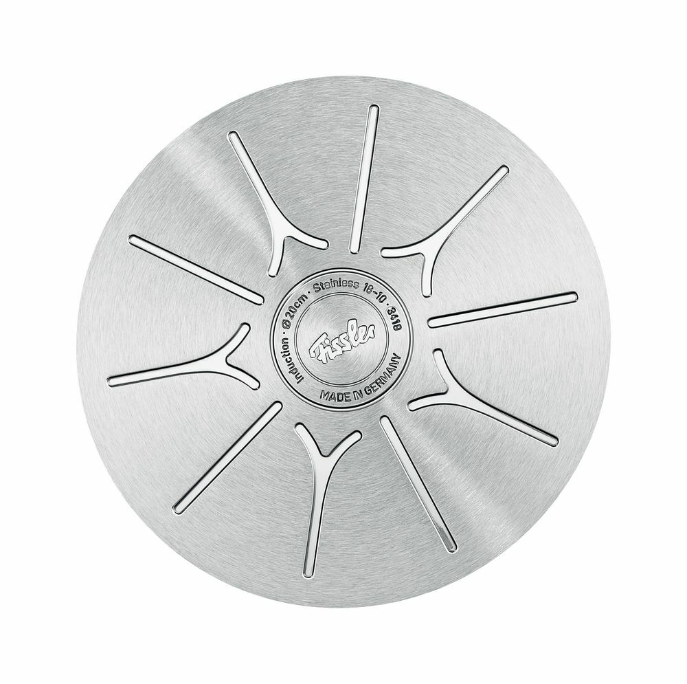 Ansicht von unten eines Topfbodens aus Edelstahl mit Fissler-Logo und Induktionssymbolen, geeignet für Induktionsherde, Durchmesser 24 cm.