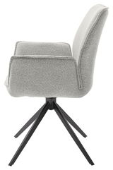 Seitenansicht eines modernen Armlehnstuhls mit grauem Stoffbezug und schwarzem Metallgestell.