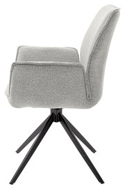 Seitenansicht eines modernen Armlehnstuhls mit grauem Stoffbezug und schwarzem Metallgestell.