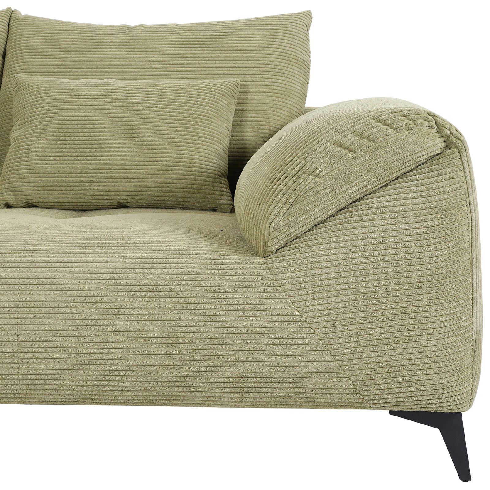Grünes Sofa mit Kissen, Nahaufnahme von der linken Seite