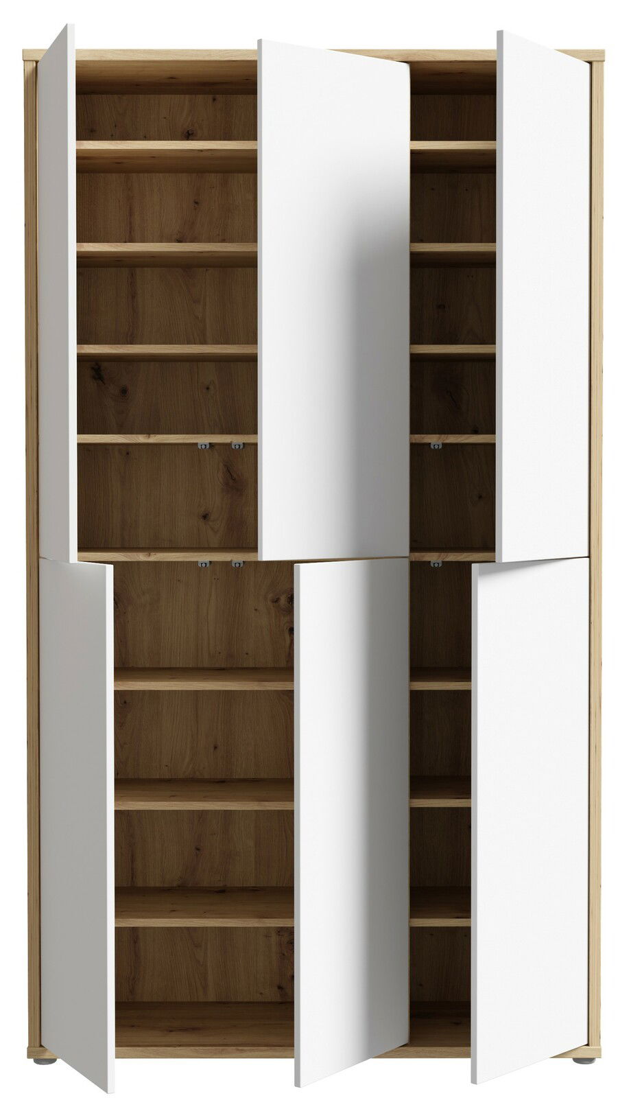 XXL-Schuhschrank mit sechs Türen, teilweise geöffnet, aus Holz mit weißen Fronten, frontal betrachtet.