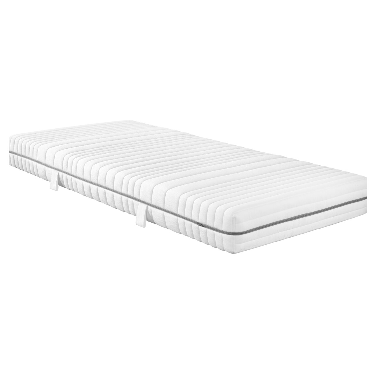 Kaltschaummatratze H2 in seitlicher Perspektive mit gestepptem Bezug und Tragegriffen.