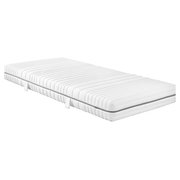 Kaltschaummatratze H2 in seitlicher Perspektive mit gestepptem Bezug und Tragegriffen.