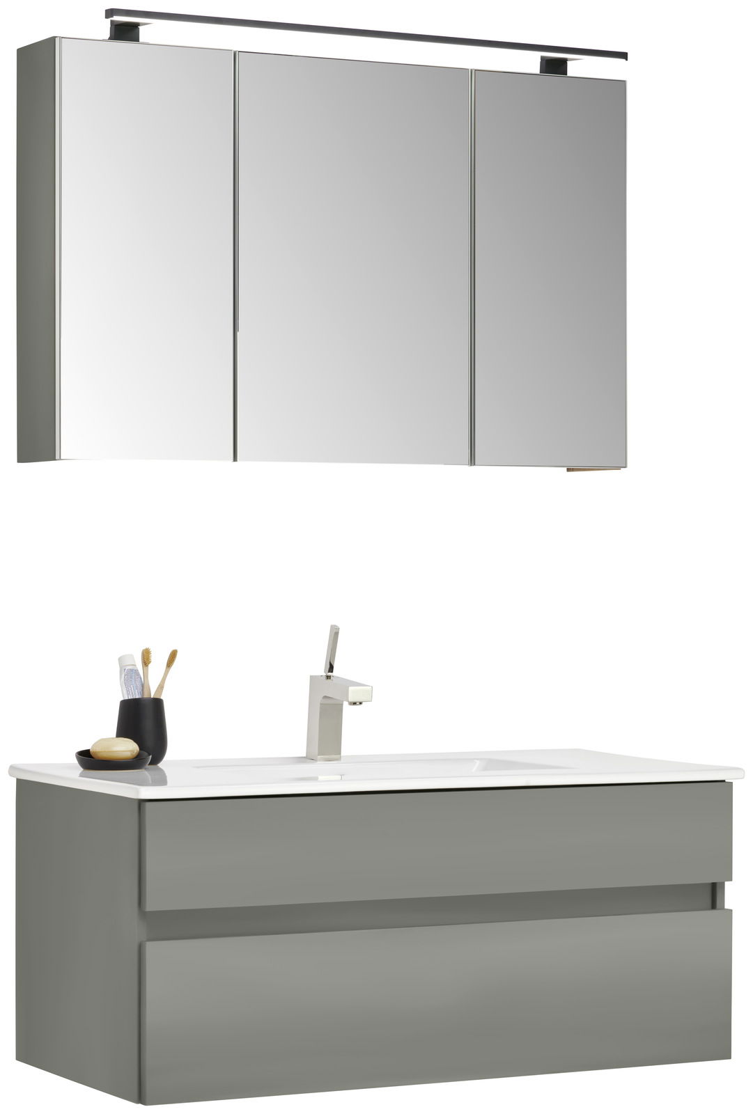 Novel Badblock NV.210 Moderner Badblock mit grauem Unterschrank und Spiegelschrank, seitliche Perspektive