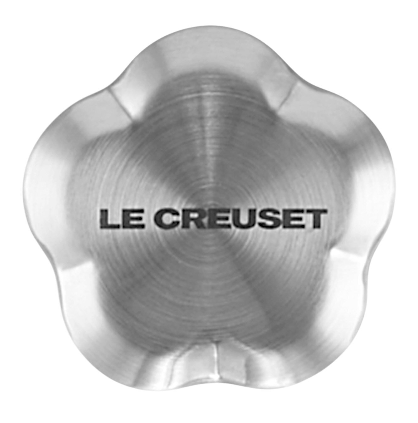 Deckelknauf in Blumenform aus Edelstahl mit der Aufschrift 'Le Creuset', Ansicht von oben.