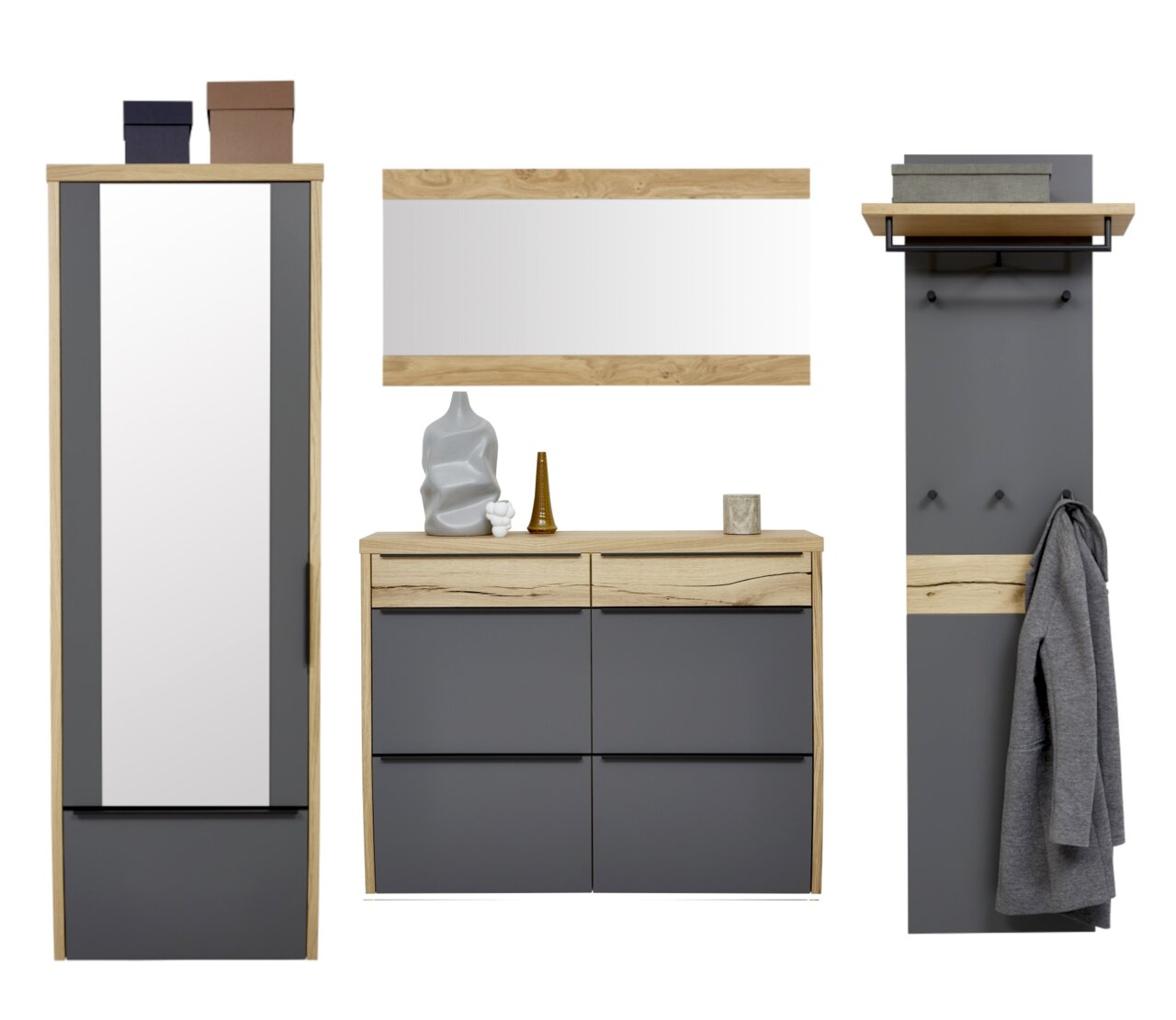 Moderne Garderobenmöbel im Set: hoher Spiegel mit Ablage, Schuhschrank/Kommode und Wandpaneel mit Hutablage und Haken in Eiche-Optik und Anthrazit, frontale Ansicht
