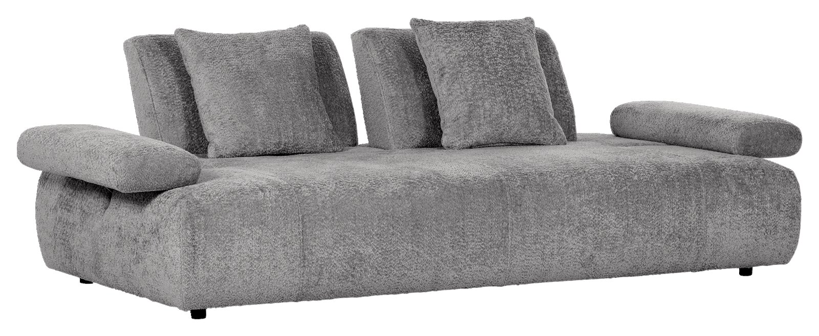 Graues 2-Sitzer Sofa mit weichem Stoffbezug, zwei Armlehnen und drei Rückenkissen, seitliche Perspektive