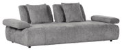 Graues 2-Sitzer Sofa mit weichem Stoffbezug, zwei Armlehnen und drei Rückenkissen, seitliche Perspektive