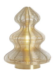 Goldene Tischleuchte mit geschwungenem, drahtigem Design, frontal betrachtet.