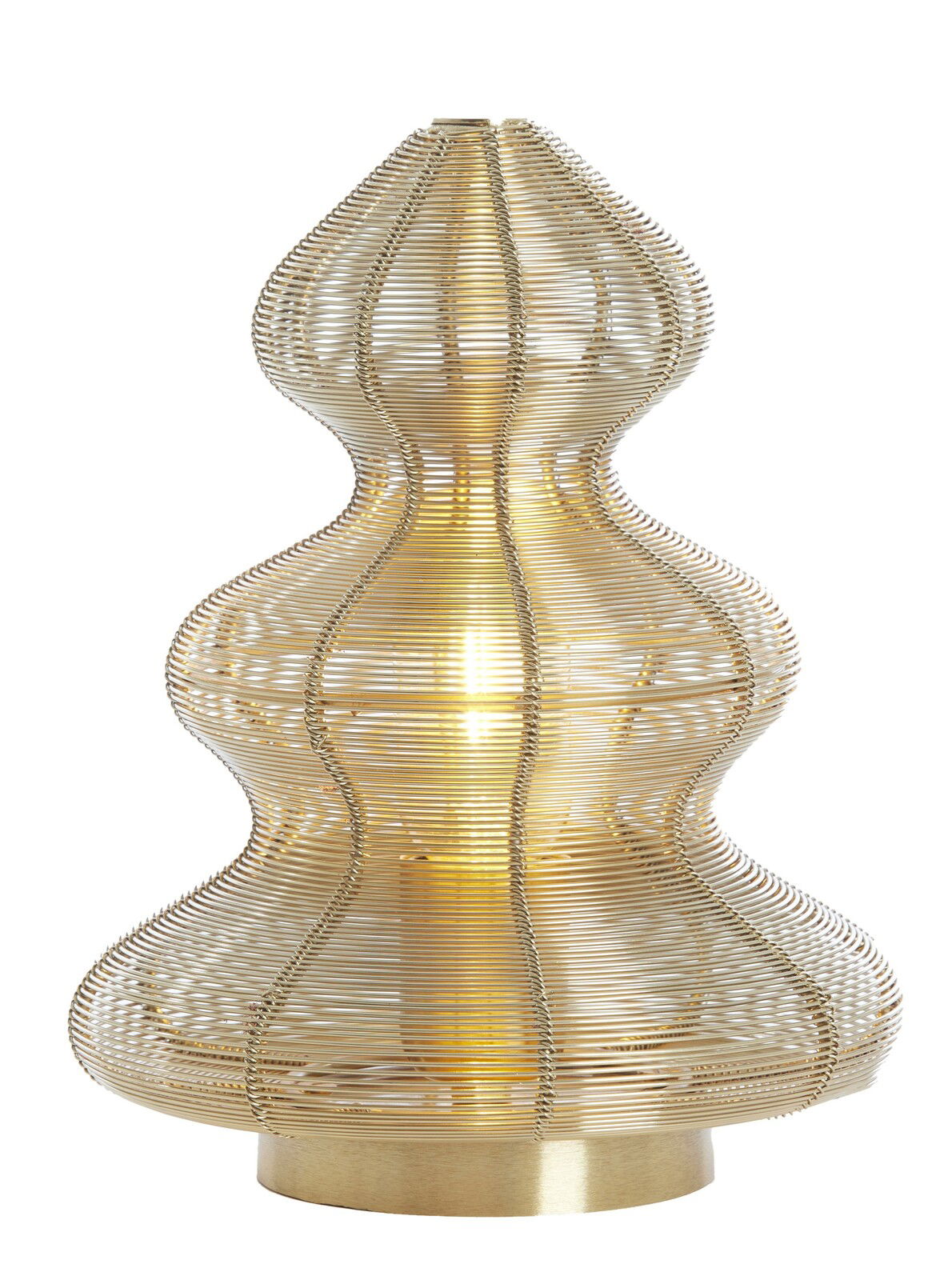 Goldene Tischleuchte mit geschwungenem, drahtigem Design, frontal betrachtet.