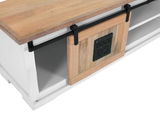 TV-Lowboard aus Holz mit Schiebetür und Metallgriff, seitliche Perspektive
