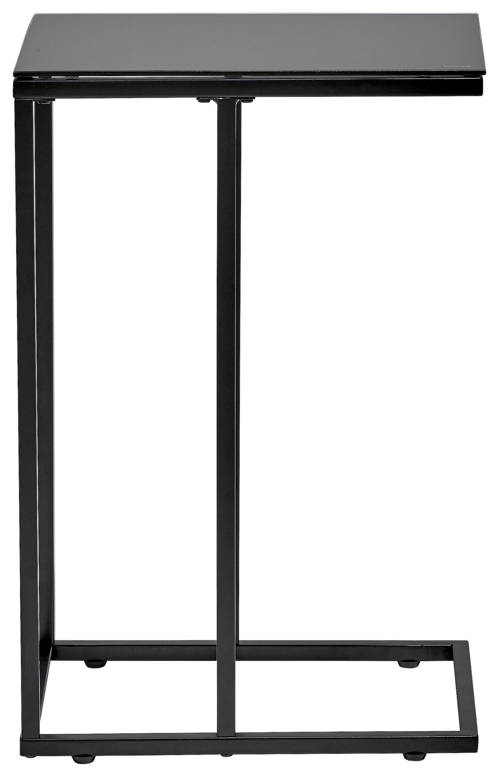 Moderner schwarzer Beistelltisch aus Metall mit rechteckiger Tischplatte, seitliche Perspektive